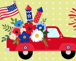 Red car with flowers and fireworks