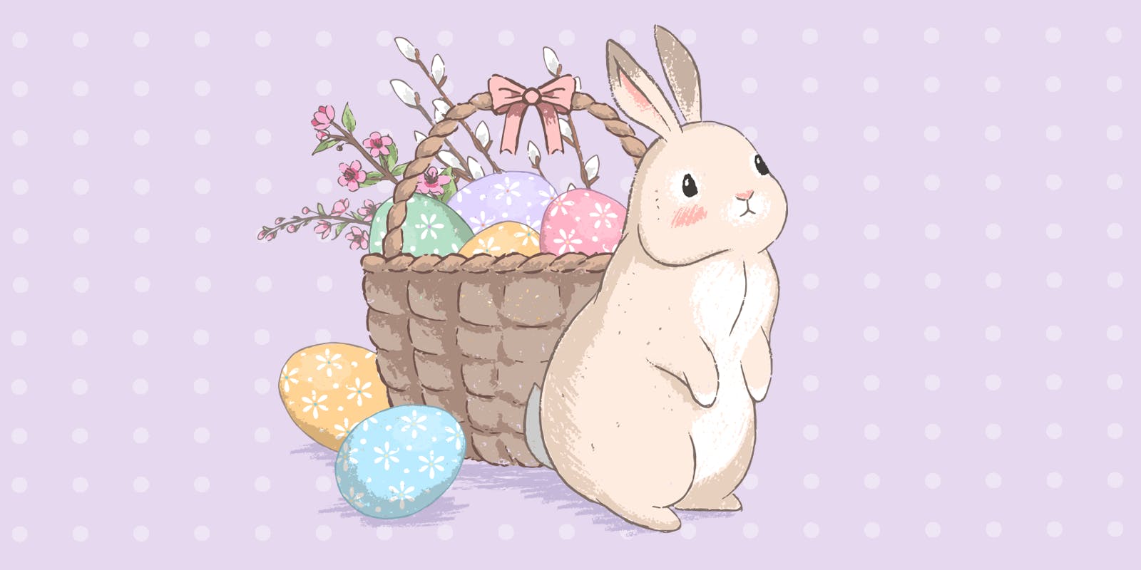 Sweet rabbit standing with an Easter basket filled with Easter eggs