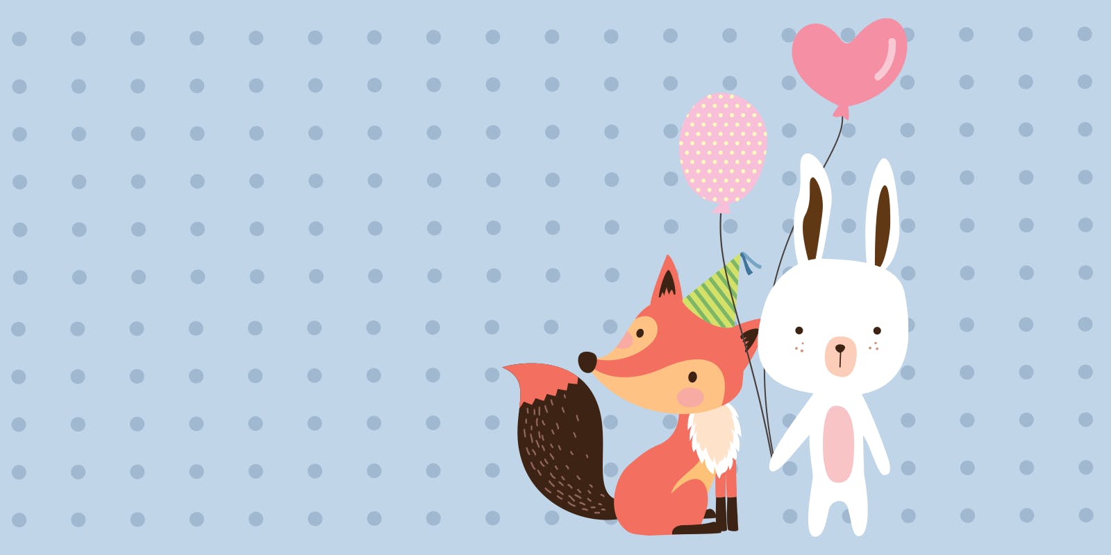 Fox and rabbit holding balloons