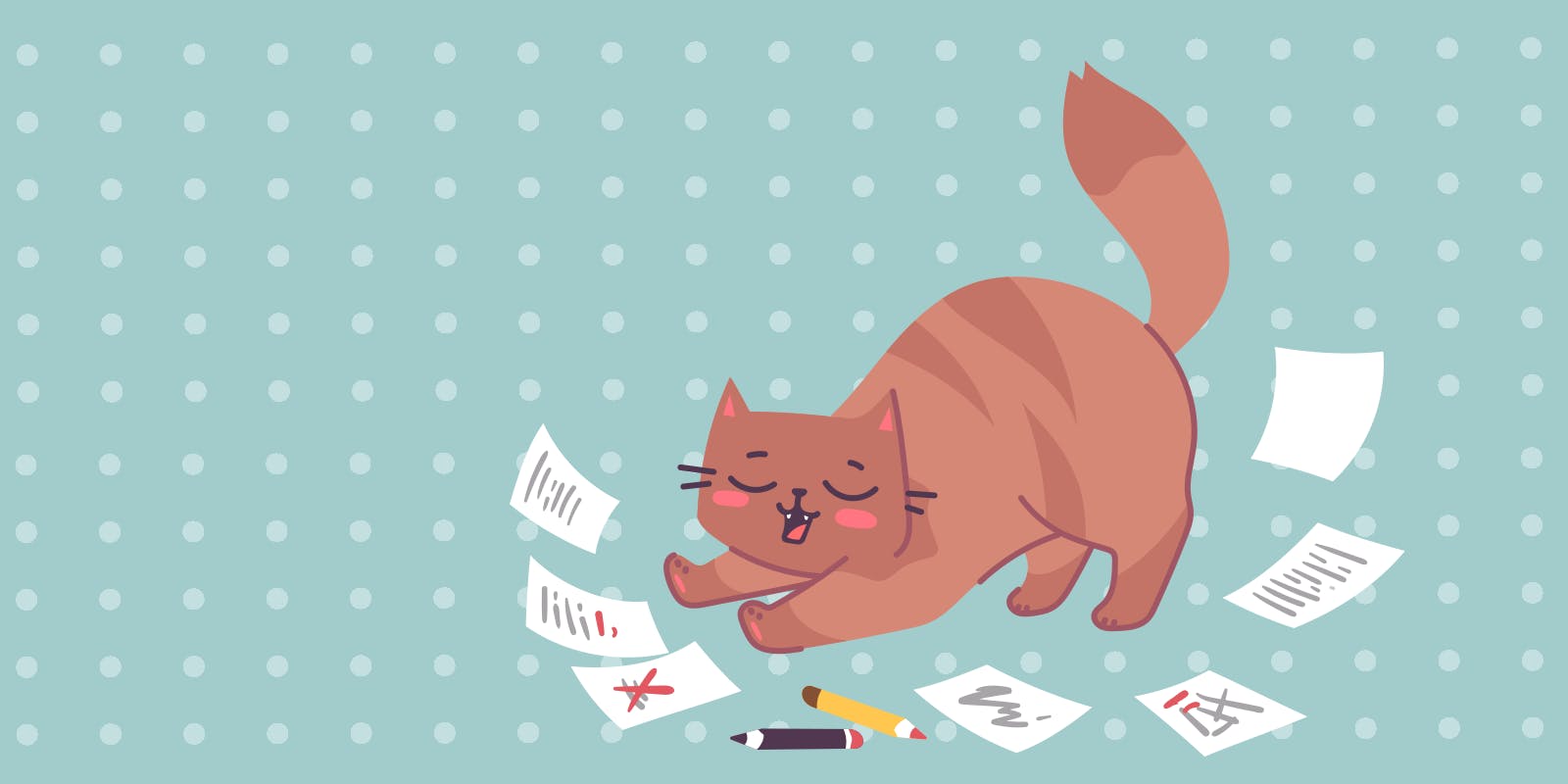 Cat stretching writing ecard