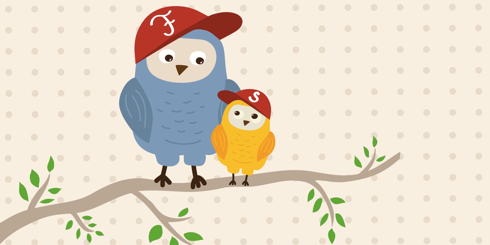 Father and son owls sitting together on a branch wearing baseball caps