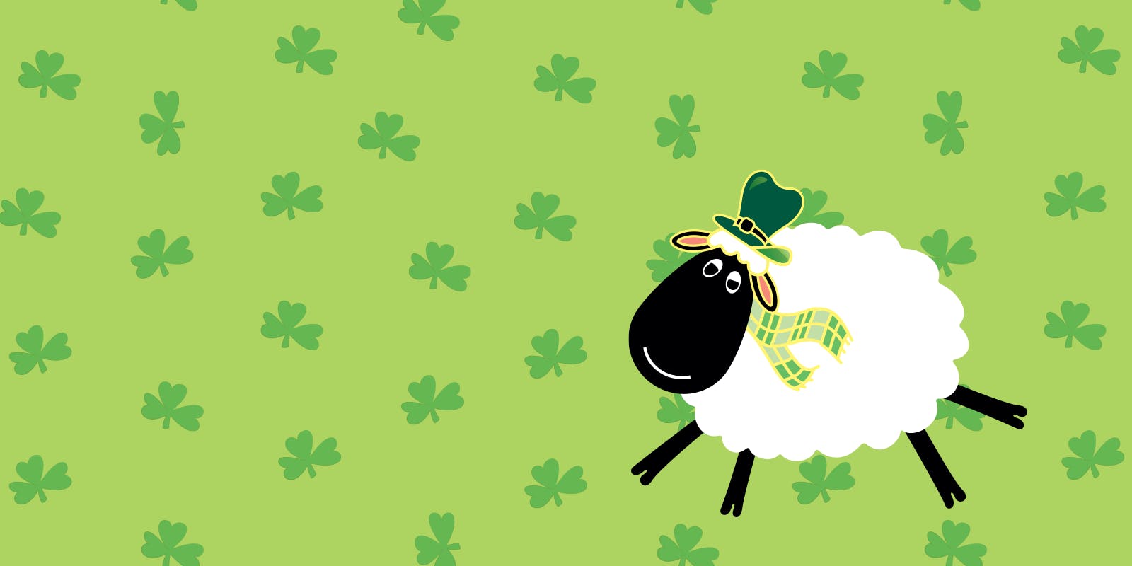 jumping sheep in a green hat in a field of shamrocks
