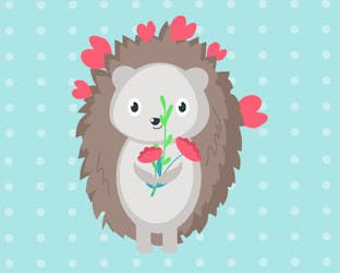 Cute hedgehog with hearts holding flowers