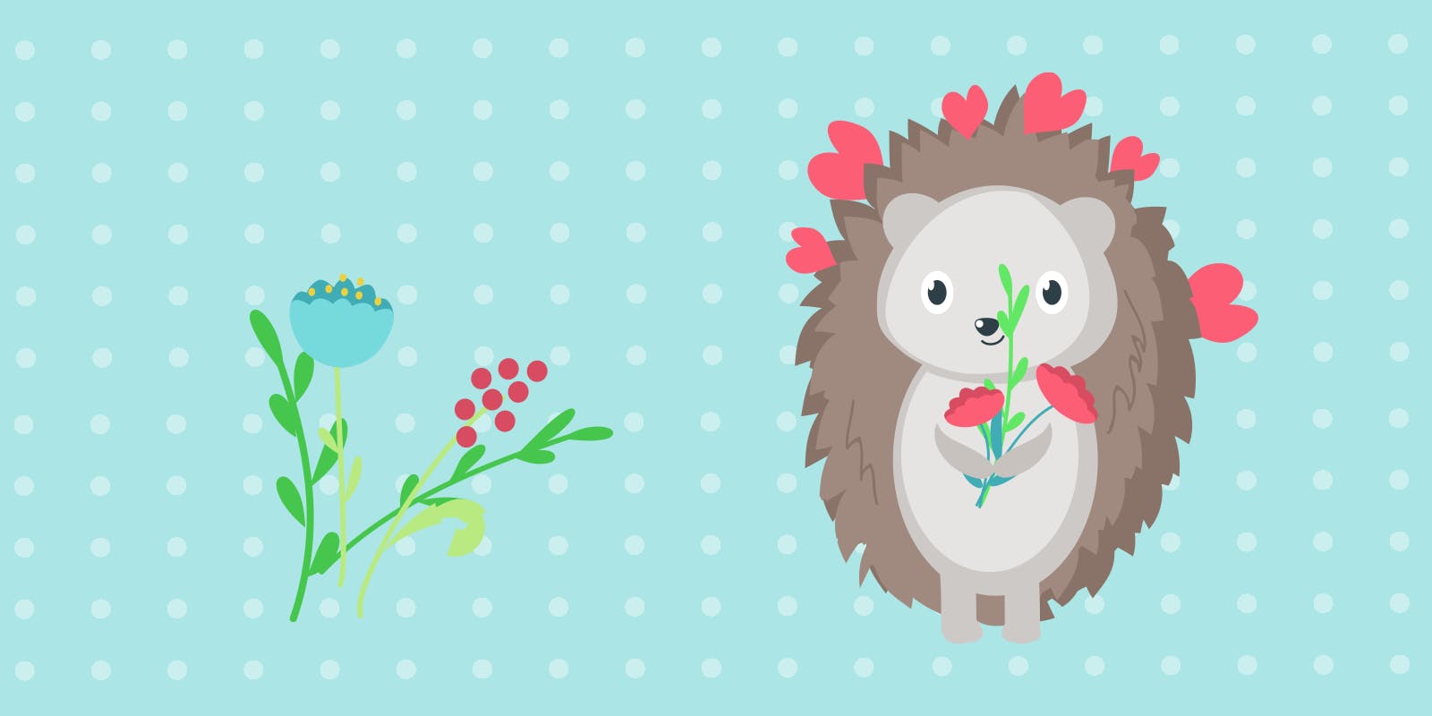 Cute hedgehog with hearts holding flowers