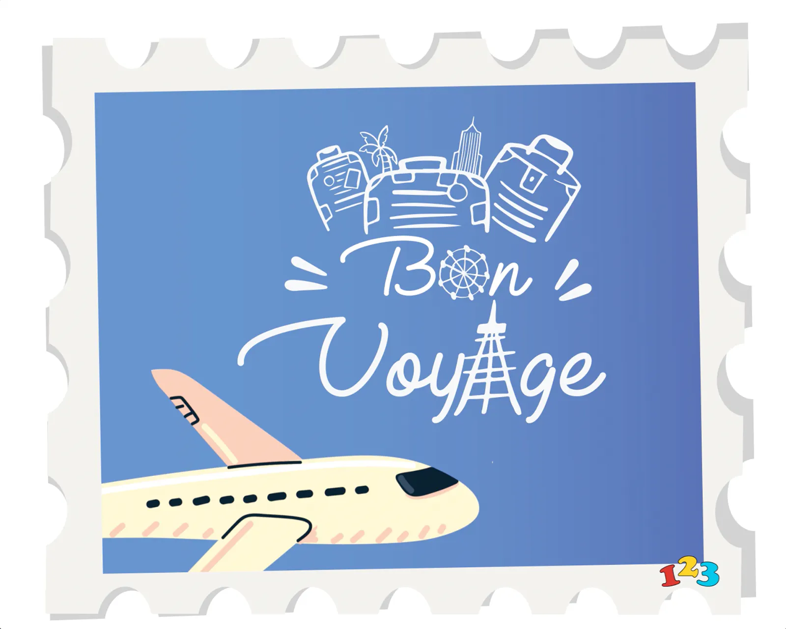 Rustic bon voyage card with wooden textures, a passport stamp, and 'Wishing You Safe Journeys' in earthy, warm colors.